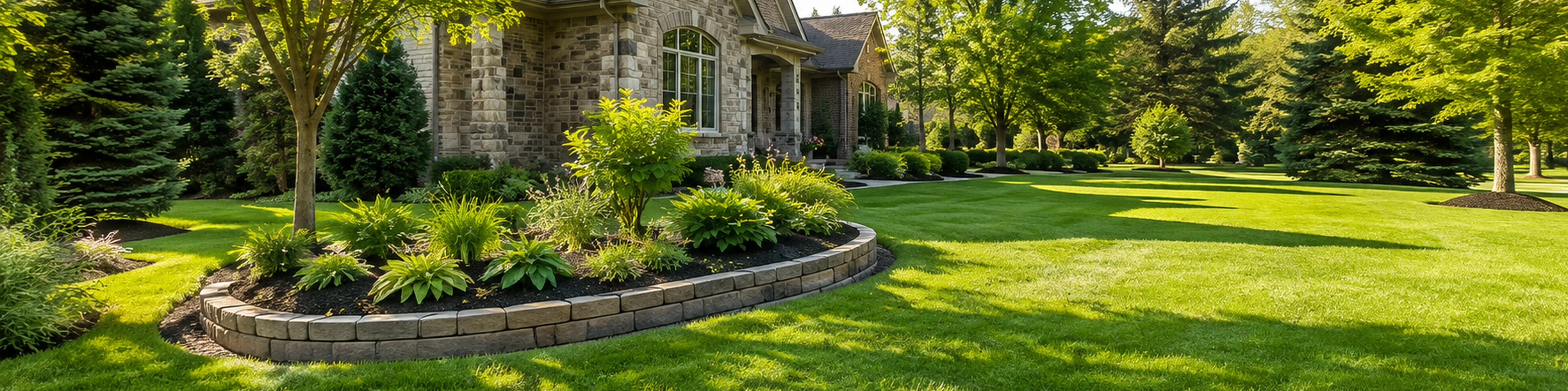 Curved stone garden border and lush plants beside a stone home, with a wide green lawn