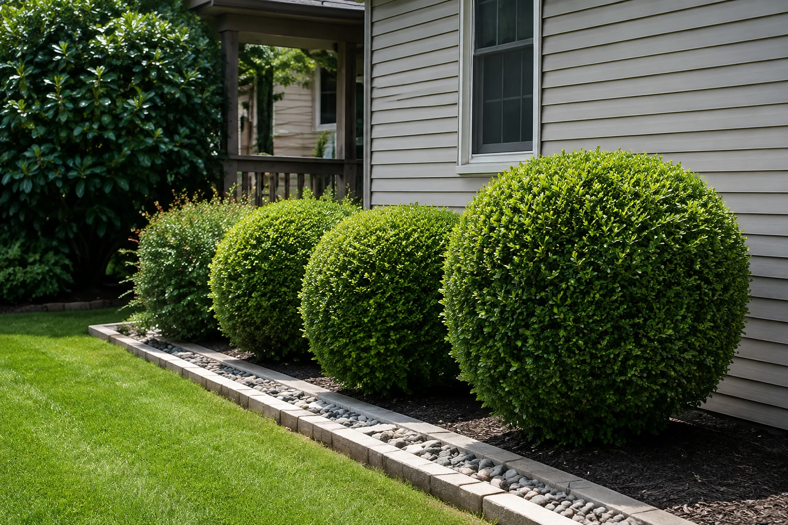 Three carefully shaped green bushes along a house