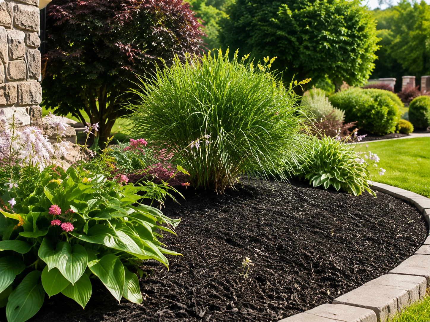 Clean flower bed with fresh dark mulch