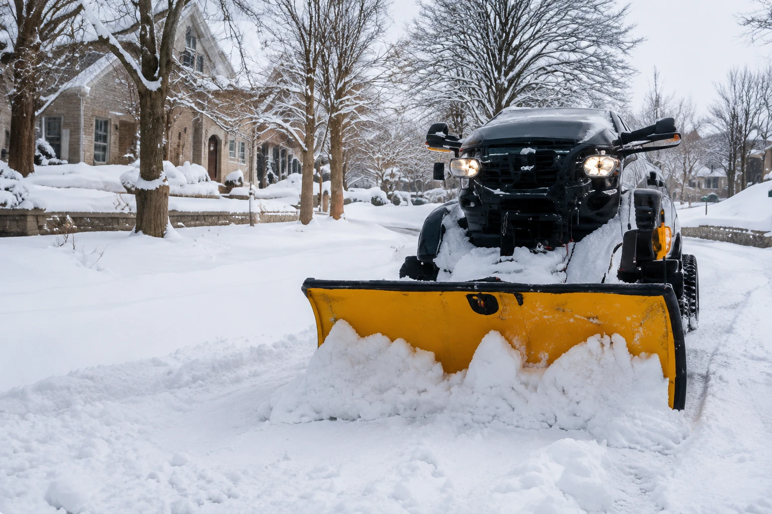 Truck with a yellow snow plow clearing a snowy street